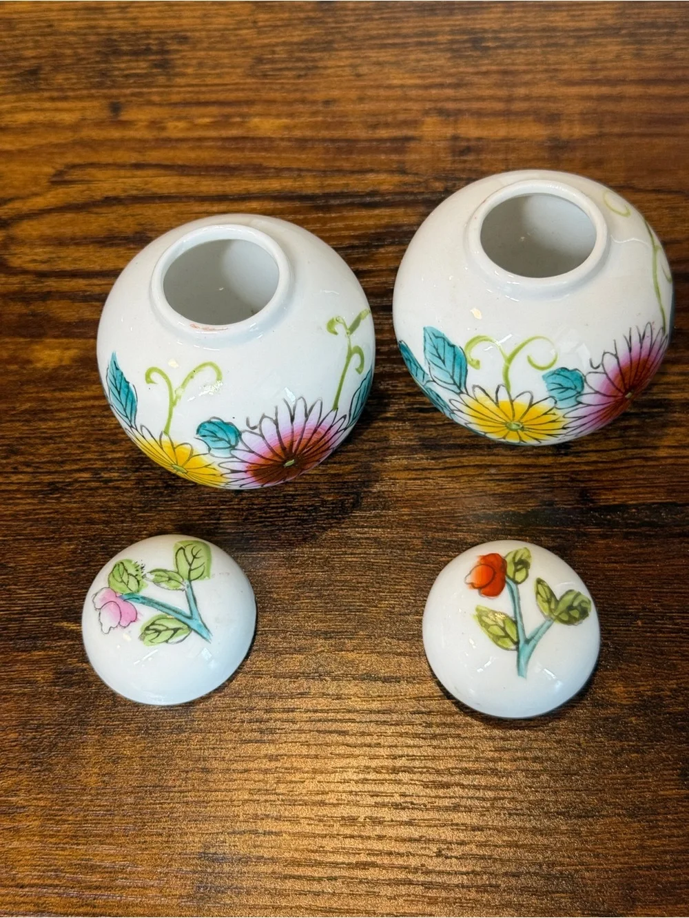 Vintage Hand-Painted Floral Ceramic Mini Ginger Jars with Lids - Pair